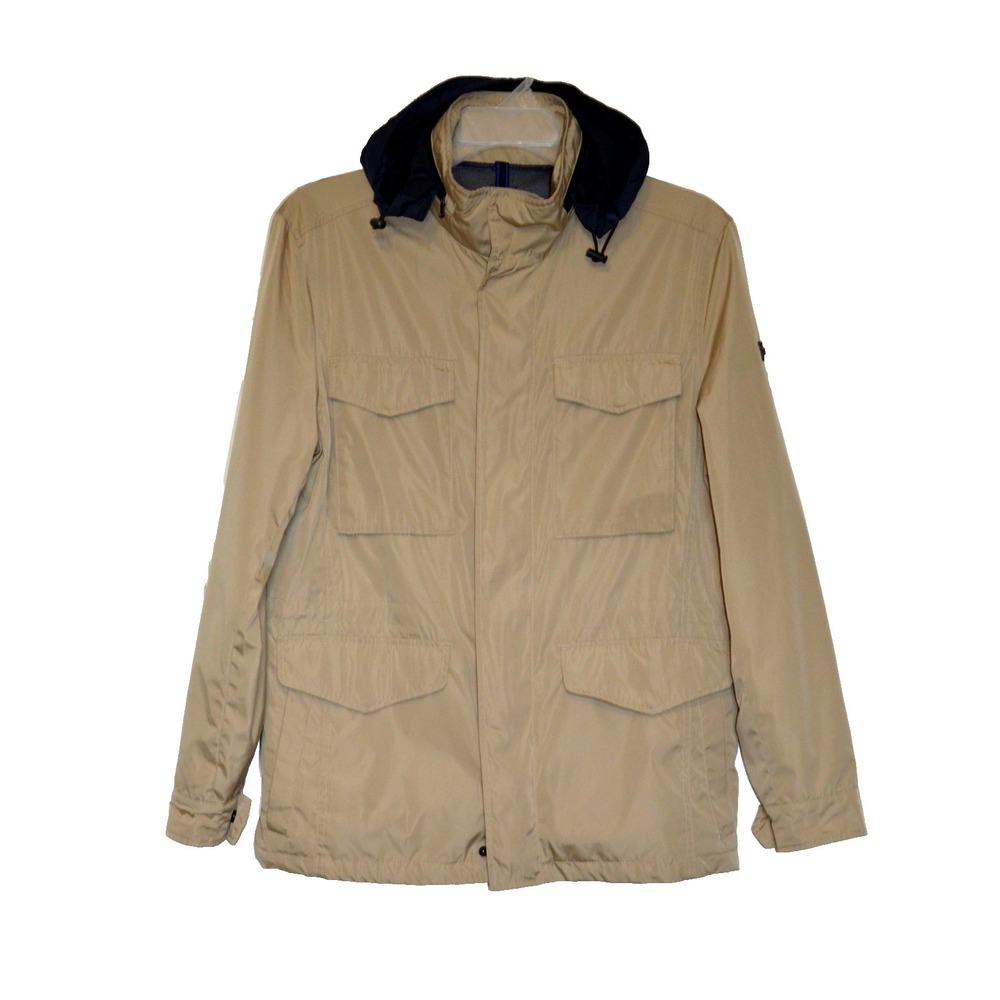Michael Kors Mens Size Medium Beige Jacket 6 Pockets Stow Away Hood Zip & Snap
